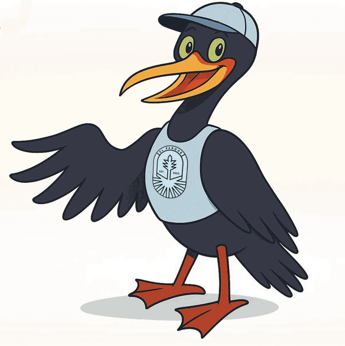 Cormorán, mascota del Colegio El Parque, ilustrado con gorro y polerón del colegio